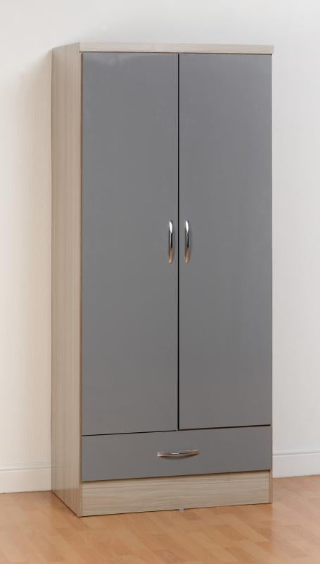 Nevada Grey Gloss and Light Oak Effect 2-Door 1-Drawer Wardrobe by Wholesale Beds & Furniture