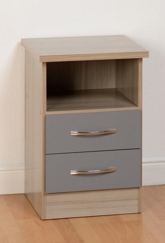 Nevada Grey Gloss and Light Oak Effect 2-Drawer Bedside by Wholesale Beds & Furniture