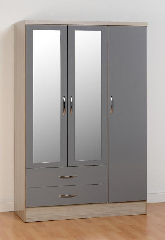 Nevada Grey Gloss and Light Oak Effect 3-Door 2-Drawer Mirrored Wardrobe by Wholesale Beds & Furniture