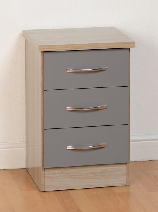 Wholesale Nevada Grey Gloss and Light Oak Effect 3-Drawer Bedside - Grey Colour Bedside Furniture