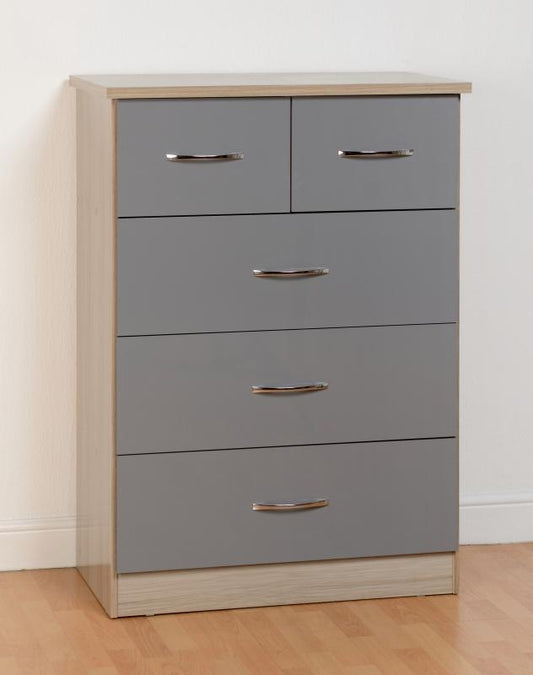 Wholesale Nevada Grey Gloss and Light Oak Effect 2-Over-3-Drawer Chest
