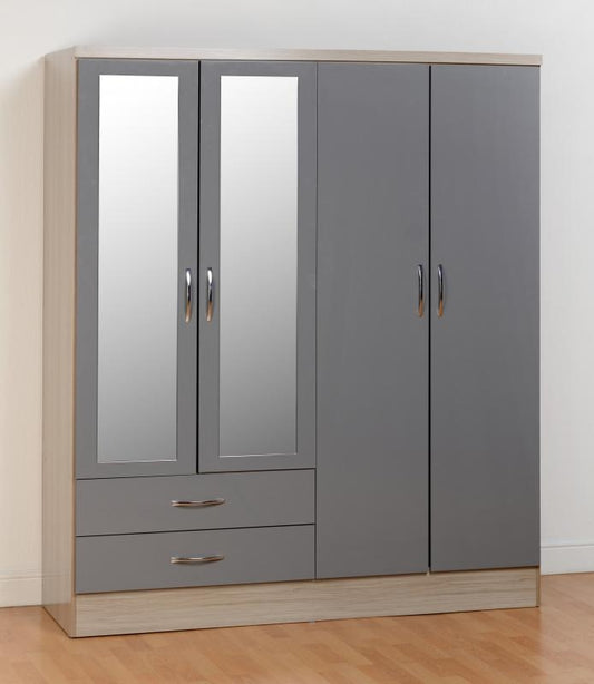 Nevada Grey Gloss and Light Oak Effect 4-Door 2-Drawer Mirrored Wardrobe by Wholesale Beds & Furniture