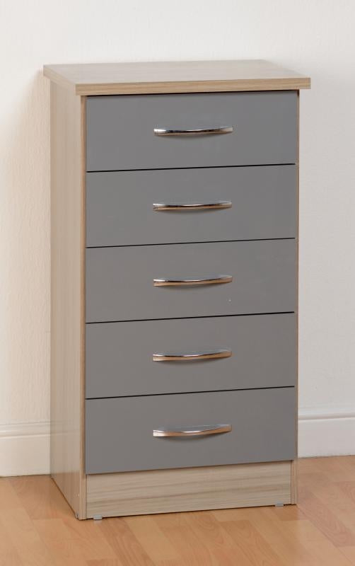 Nevada Grey Gloss and Light Oak Effect 5-Drawer Narrow Chest by Wholesale Beds & Furniture