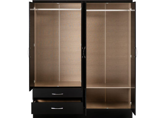 Nevada Black Gloss 4-Door Mirrored Wardrobe by Wholesale Beds Open