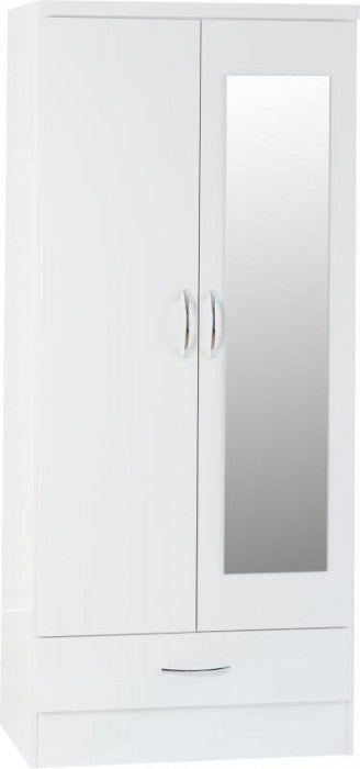 Nevada White Gloss 2-Door 1-Drawer Mirrored Wardrobe by Wholesale Beds & Furniture