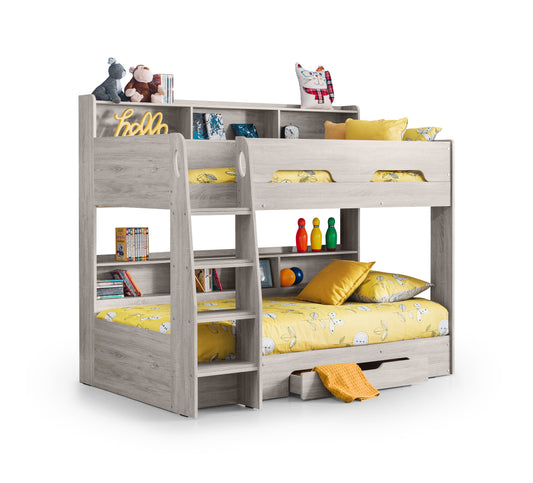 Wooden bunk bed with built-in bookshelf and ladder