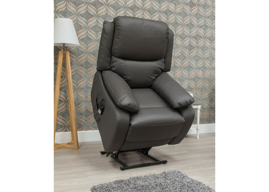 Dark grey leather electric lift and rise recliner with padded armrests and headrest.