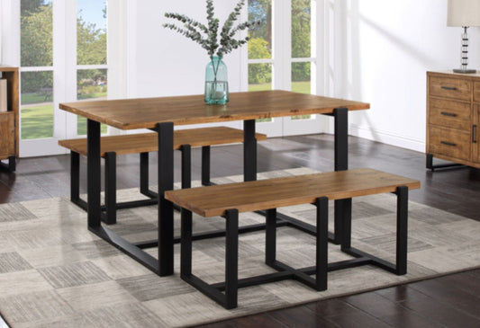 Modern wooden dining table with black metal legs and matching benches.