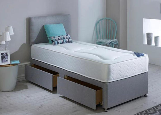 Single bed with grey upholstered headboard and base