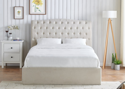 Beige upholstered bed with tufted headboard