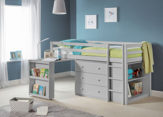 Grey kids midsleeper bed with desk and drawers