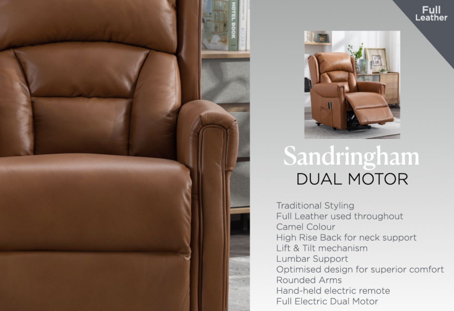 Sandringham Lift & Tilt Recliner in Camel