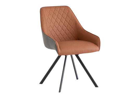 Modern tan leather chair with diamond stitching and black metal legs