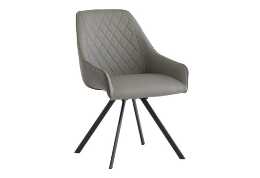 Grey upholstered swivel chair with diamond-stitched backrest and black metal legs