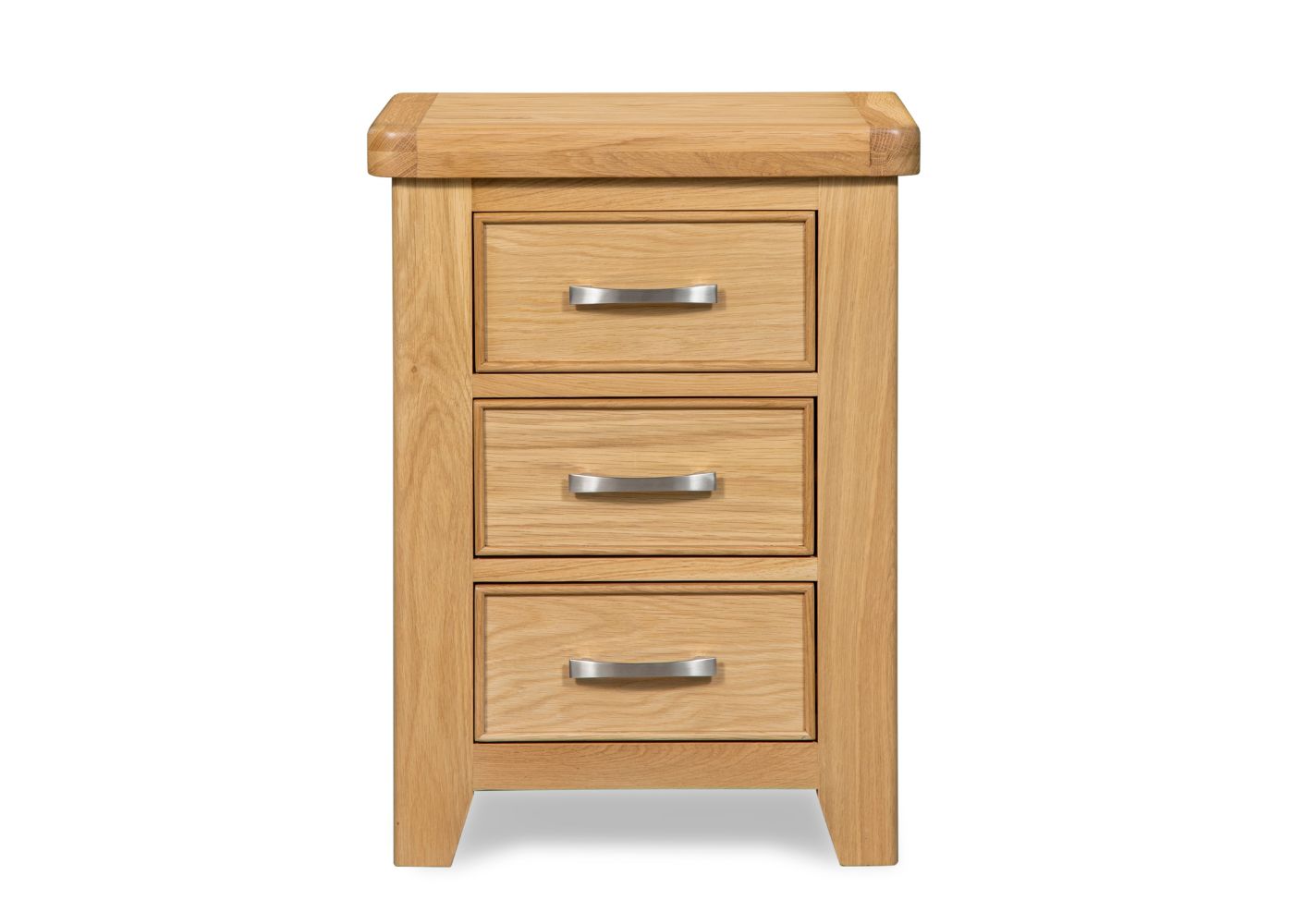 Solid oak wood three-drawer bedside chest with silver handles.