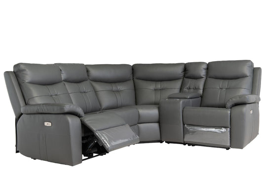 Grey leather reclining sectional sofa with cup holders and console.