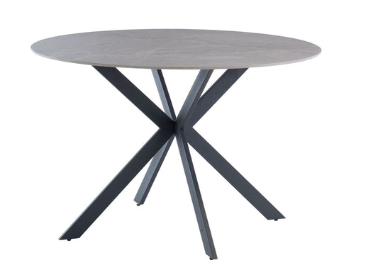 Round grey dining table with black metal legs