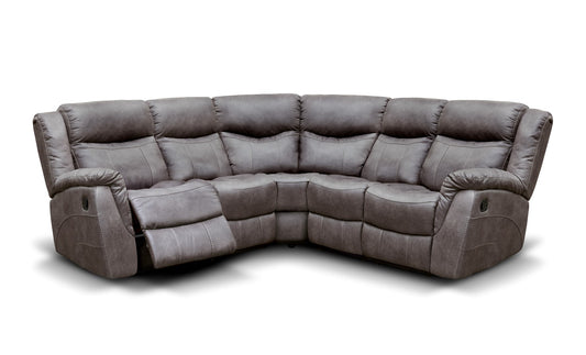 Grey upholstered L-shaped reclining sofa with padded armrests and headrests